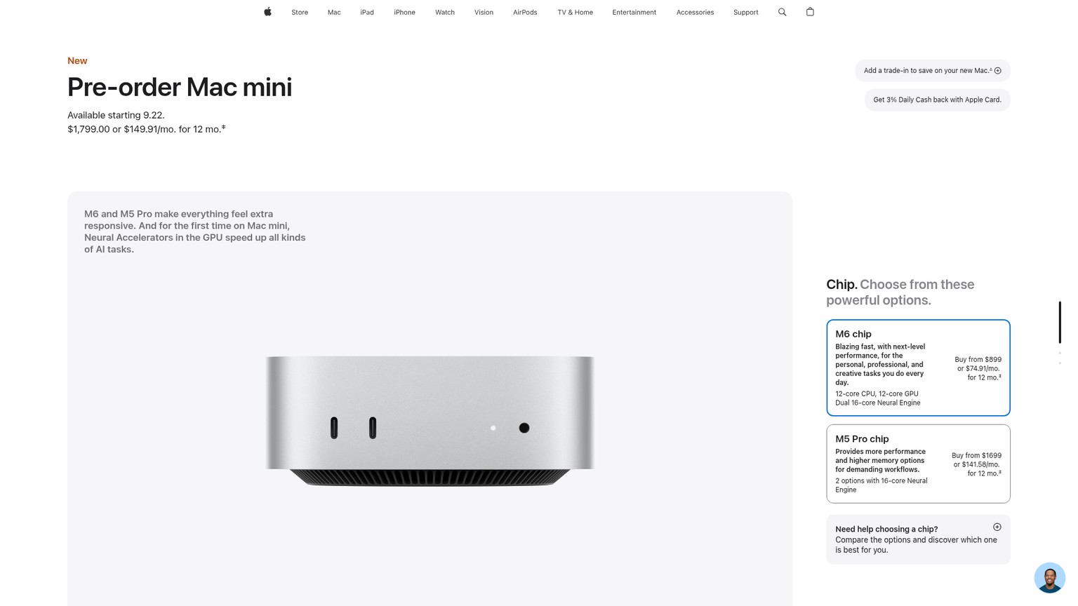 Apple Store page for the Mac mini M6 with 32GB memory and 1TB storage