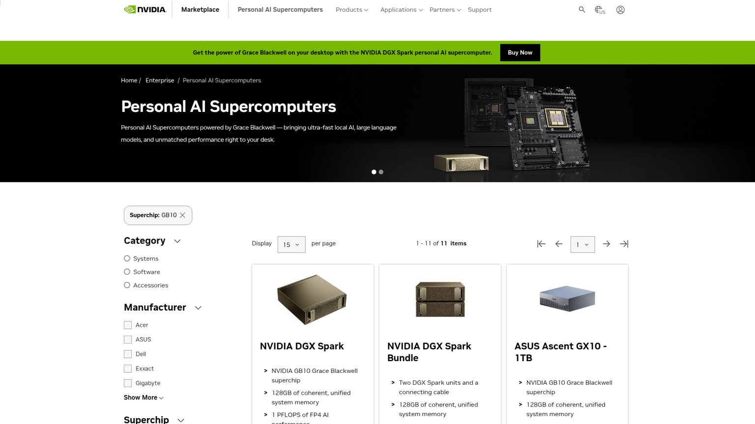 NVIDIA marketplace page showing DGX Spark pricing and specifications