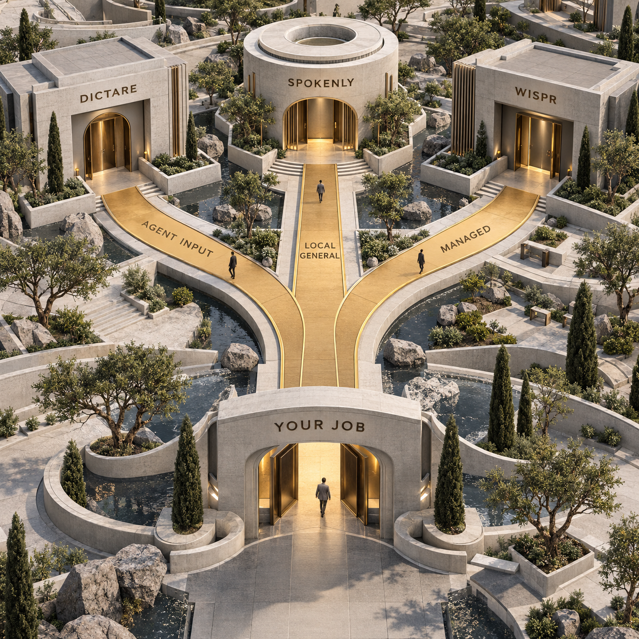 Giardino architettonico visto dall’alto che instrada input per agenti, dettatura locale generica e dettatura gestita verso Dictare, Spokenly e Wispr
