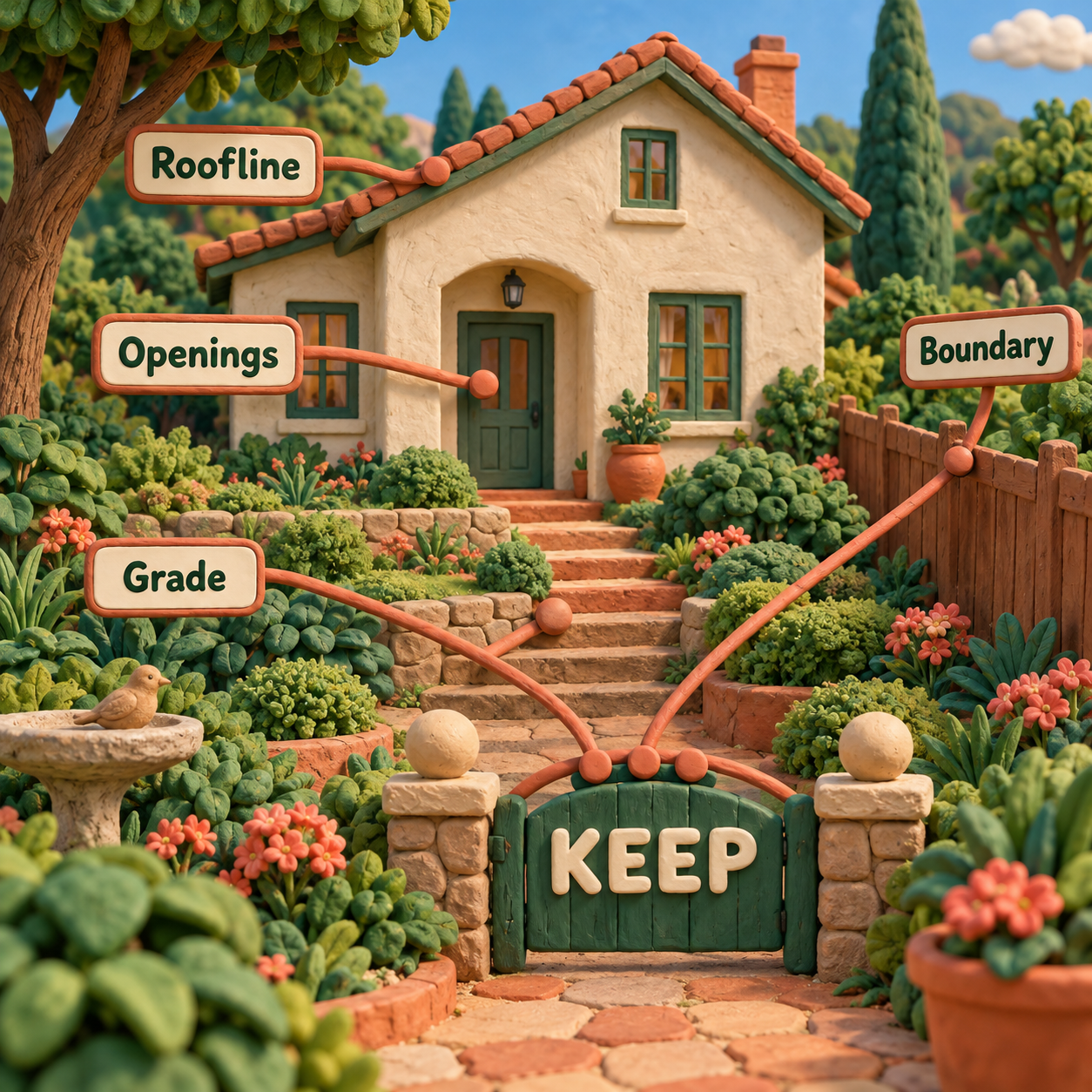 Modello in argilla di un giardino che evidenzia linea del tetto, aperture, confine e quote come riferimenti fissi di fedeltà