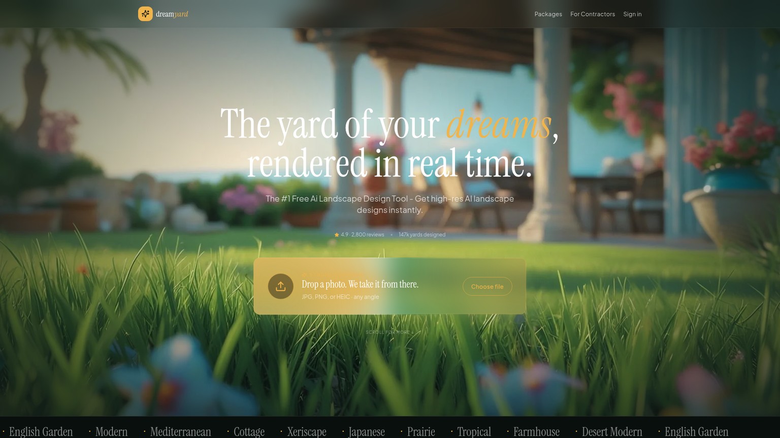 DreamYard homepage showing the yard-photo design workflow