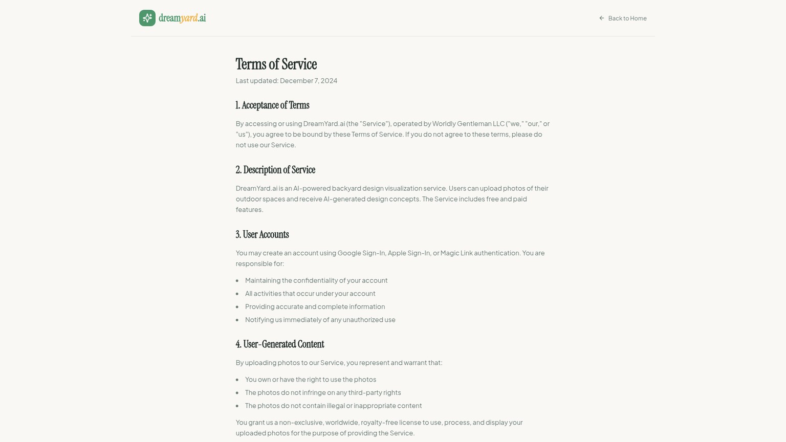 DreamYard terms page covering uploaded photos and commercial output use