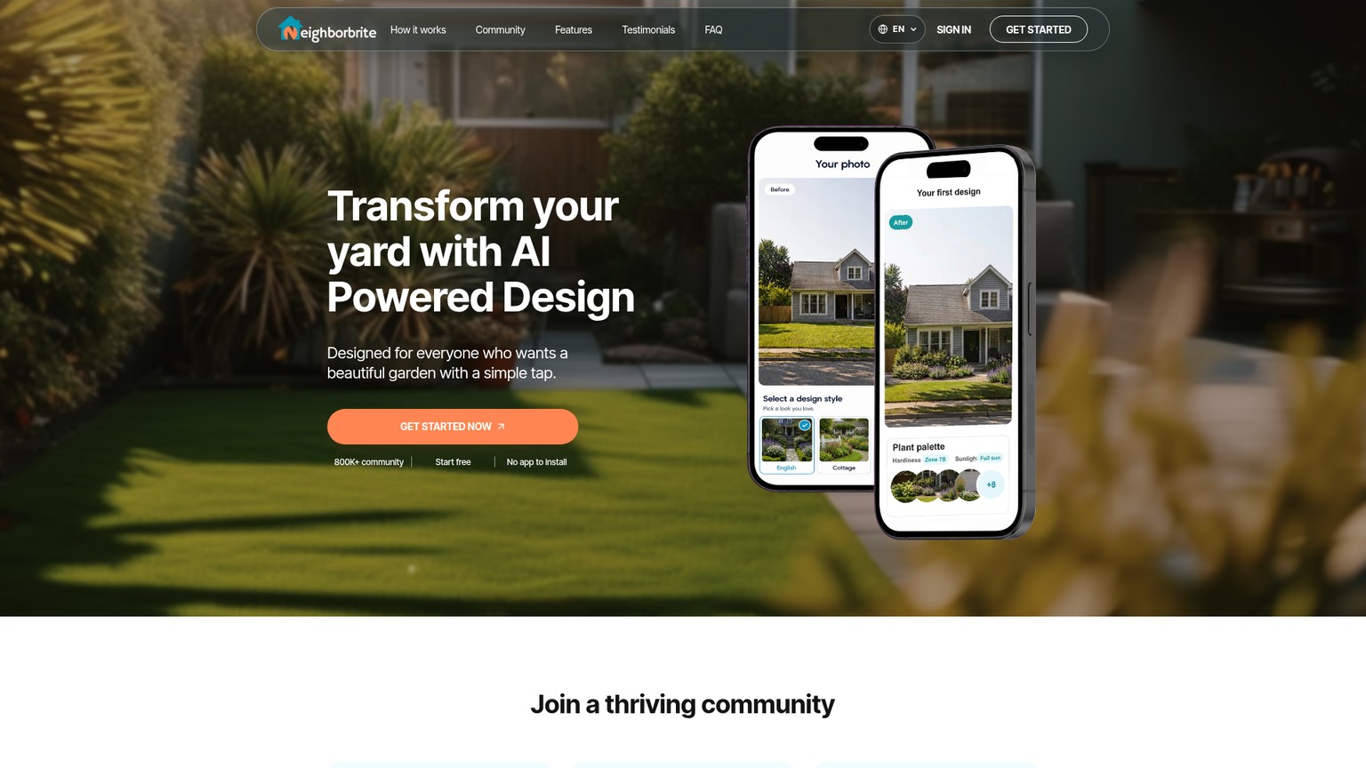Neighborbrite homepage showing landscape styles and direct editing features