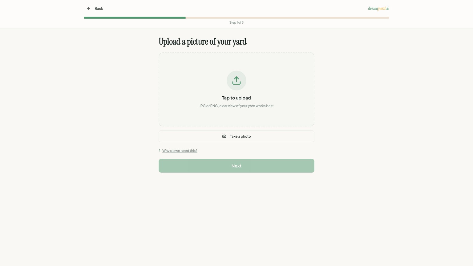 DreamYard upload screen requesting a clear JPG or PNG yard photo
