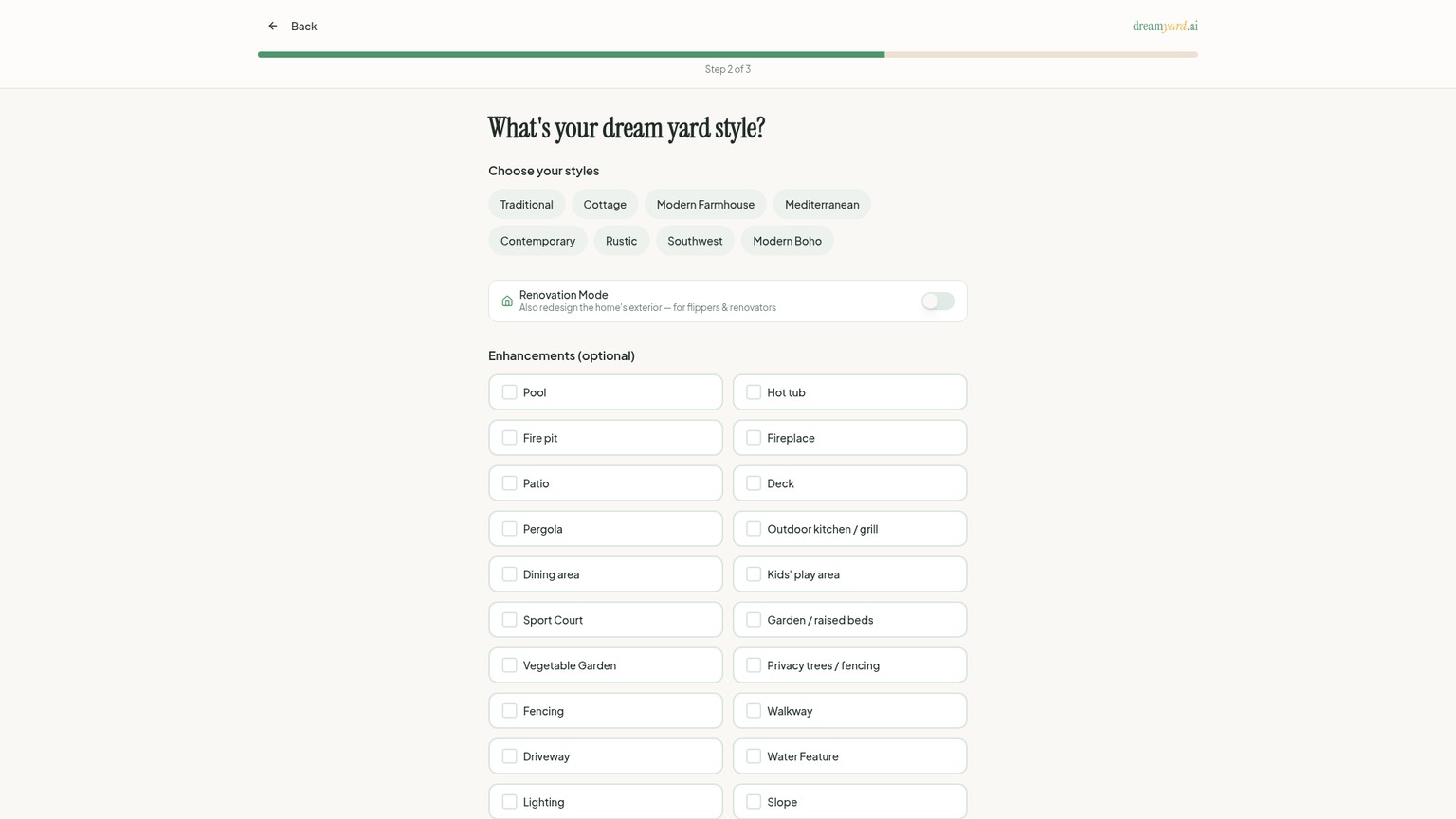 DreamYard style screen with landscape directions, features, instructions, and Renovation Mode