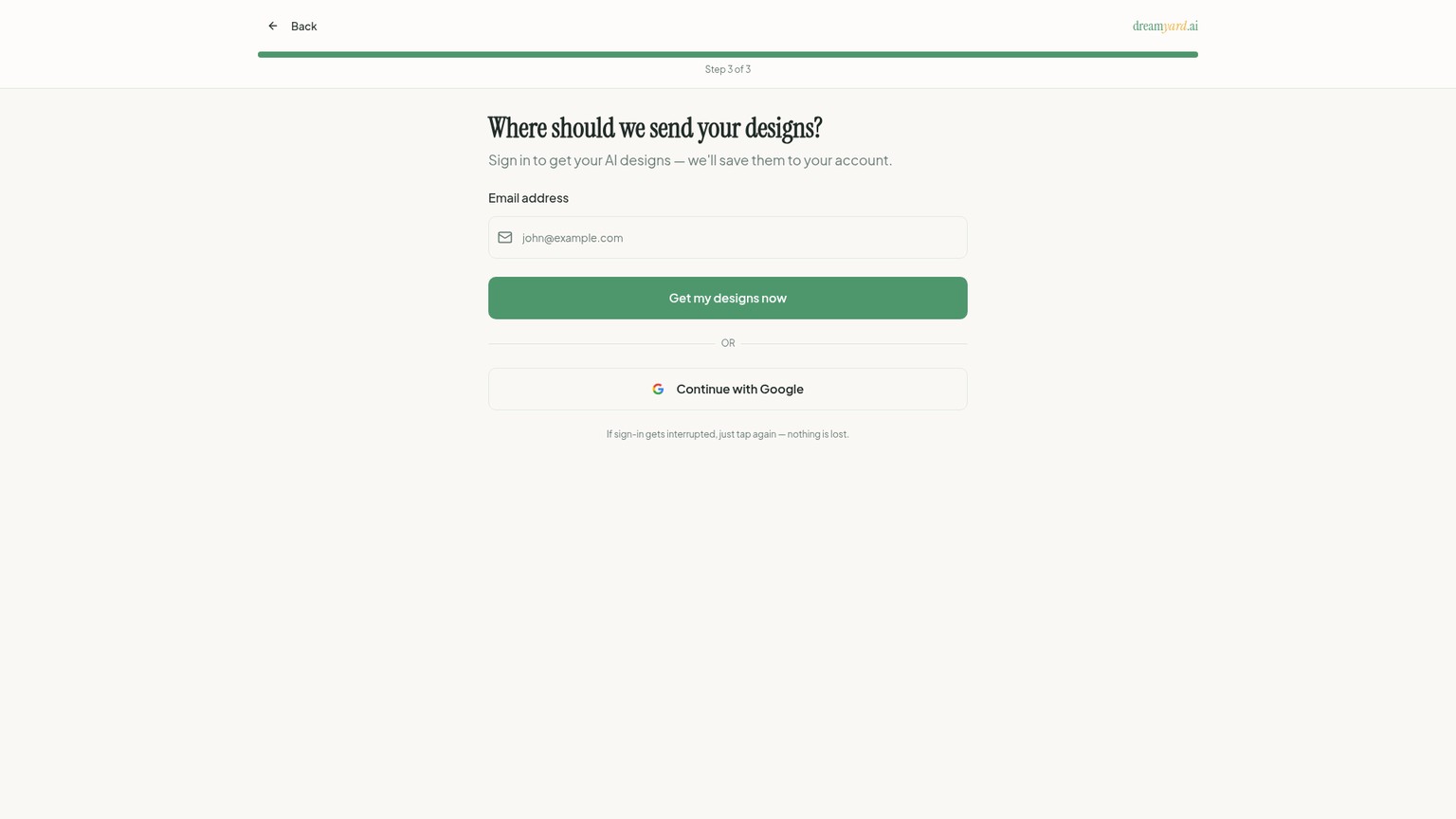 DreamYard email and Google sign-in gate before designs are delivered
