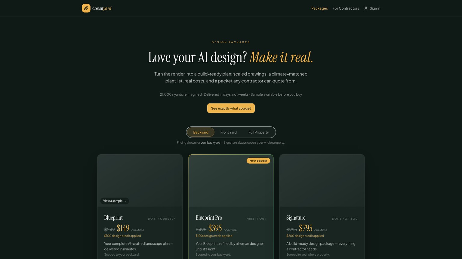 DreamYard design-package page showing Blueprint, Blueprint Pro, and Signature offers
