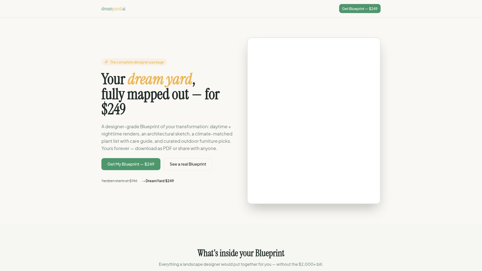 DreamYard Blueprint page showing its separate price and listed deliverables