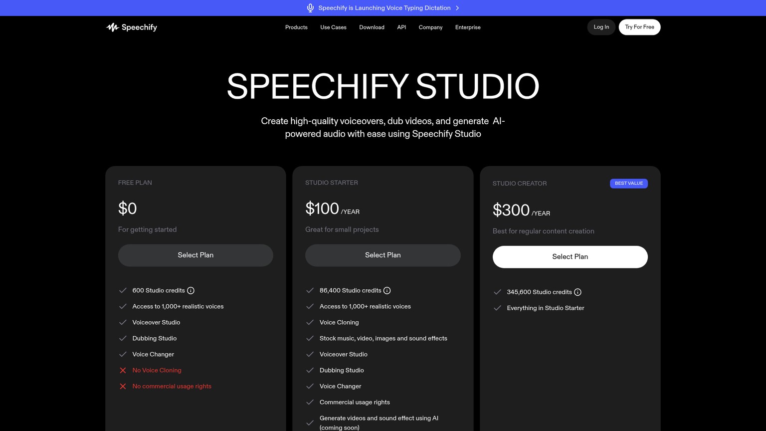 Speechify Studio pricing page with Free, Starter, and Creator plans