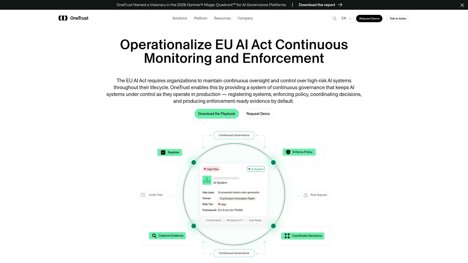 OneTrust EU AI Act compliance solution page