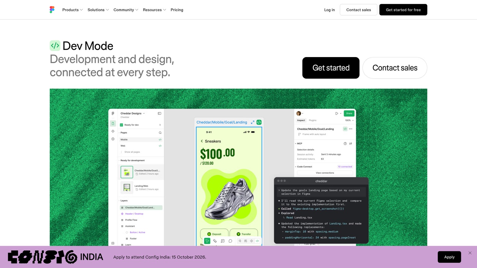 Figma Dev Mode page showing design context, code inspection, and developer handoff