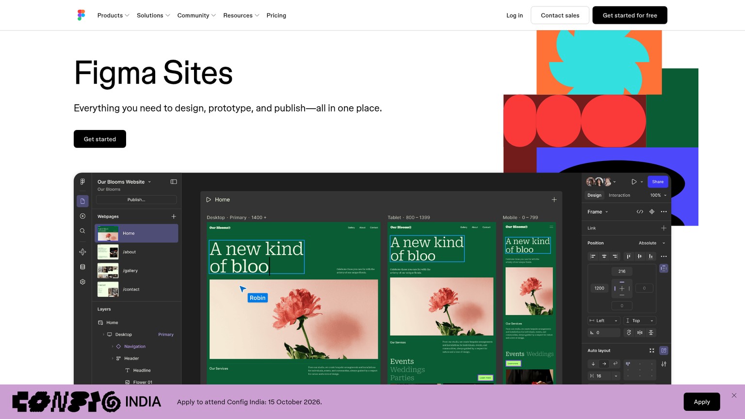 Figma Sites page showing responsive website design and publishing