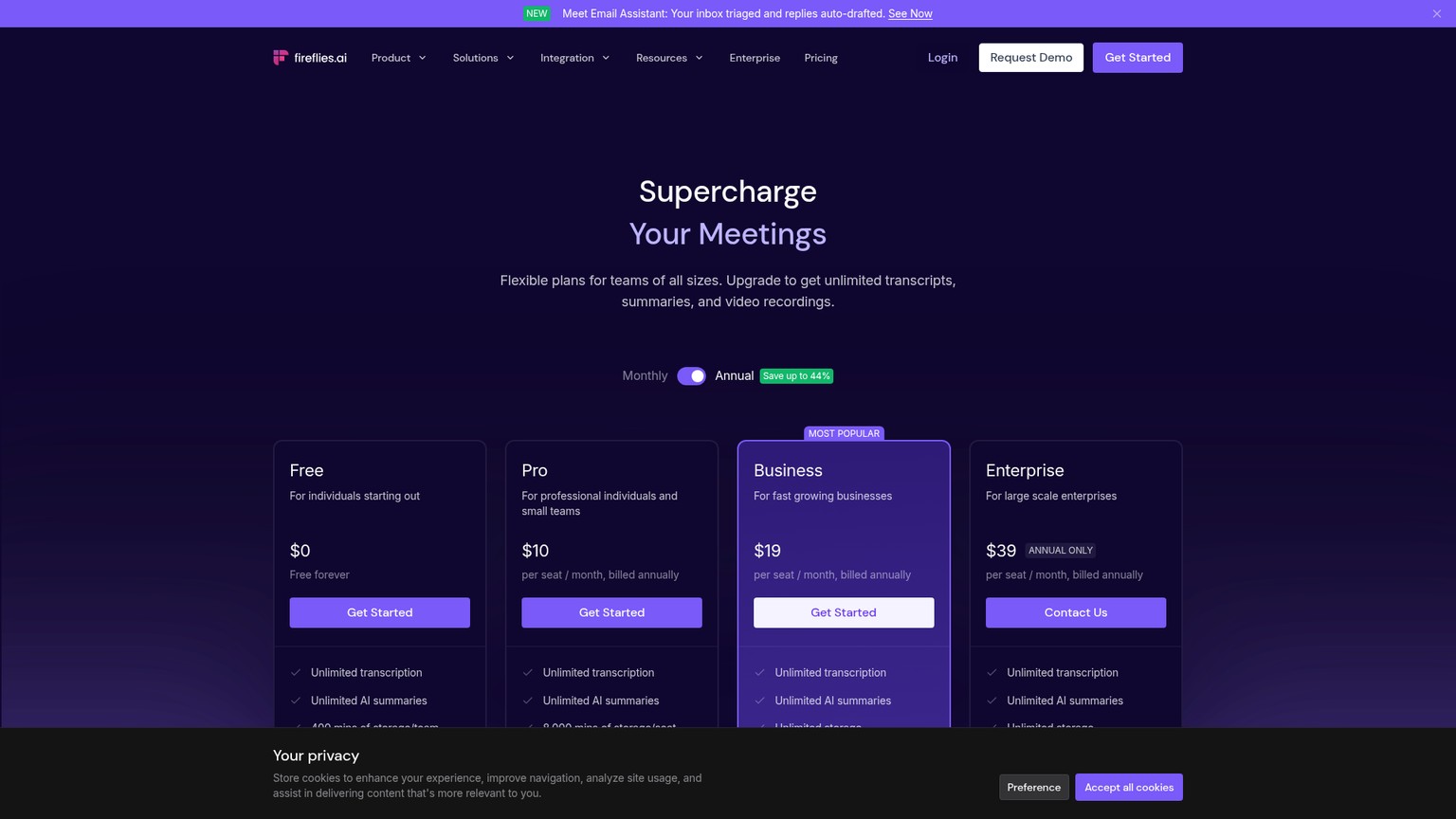 Página de preços do Fireflies.ai com os planos Free, Pro, Business e Enterprise