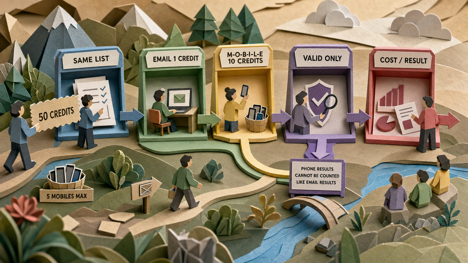 Paper decision flow for testing the same lead list with one-credit emails, ten-credit mobiles, validation, and cost per result