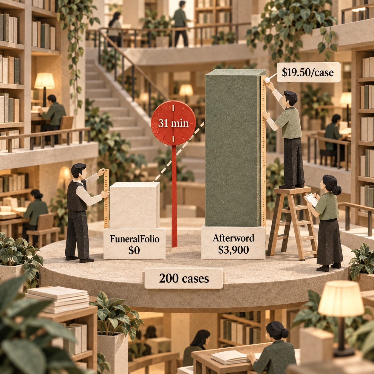 Paper column chart comparing zero dollars with 3900 dollars per year at 200 cases and a 31-minute labor crossover