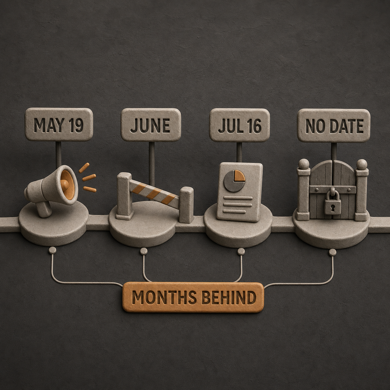 Timeline from the May announcement through the missed June window and July delay report