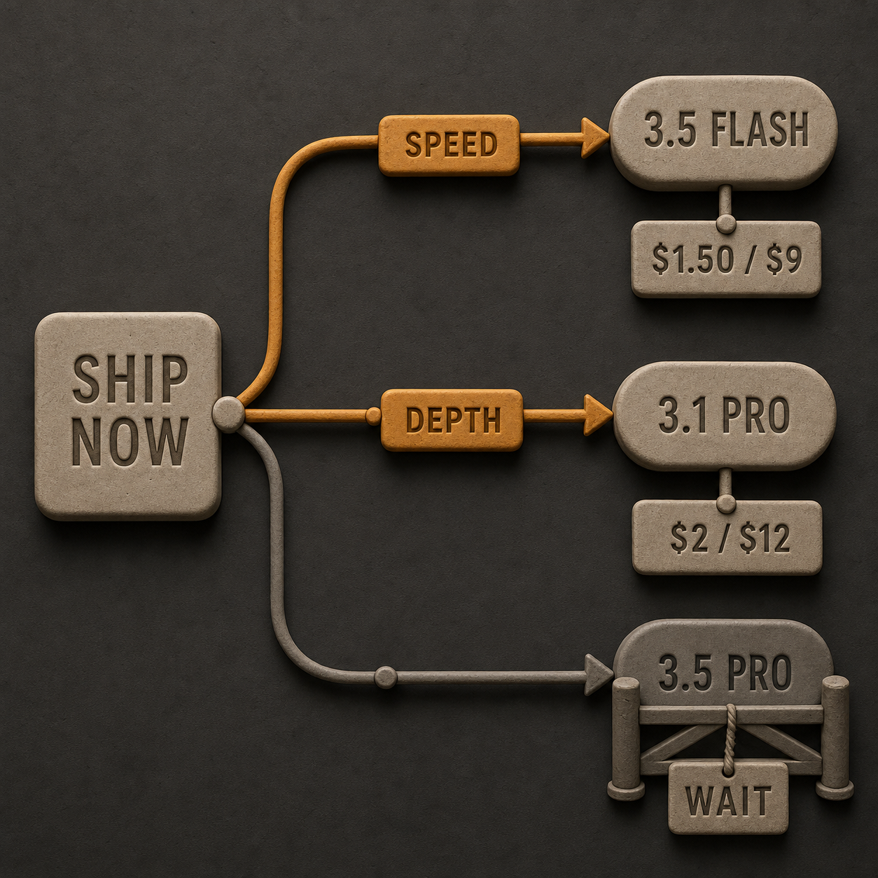 Decision map routing speed and agent work to Gemini 3.5 Flash and deep reasoning to Gemini 3.1 Pro