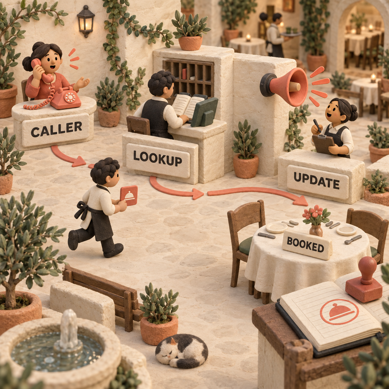Clay teaching scene showing a caller, background lookup, progress update and verified completion ledger