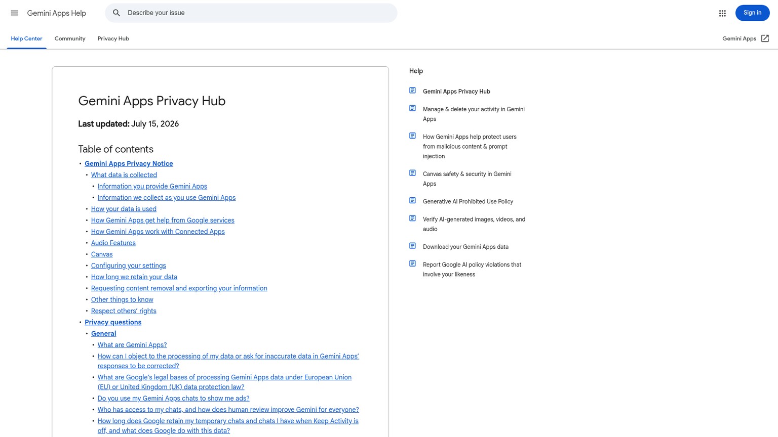 Google Gemini Apps Privacy Hub settings and retention terms