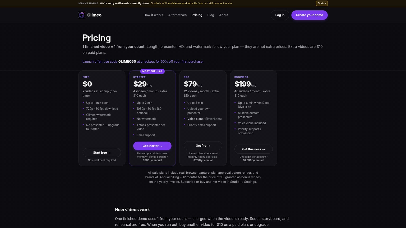 Glimeo.ai pricing page showing Free, Starter, Pro, and Business plans