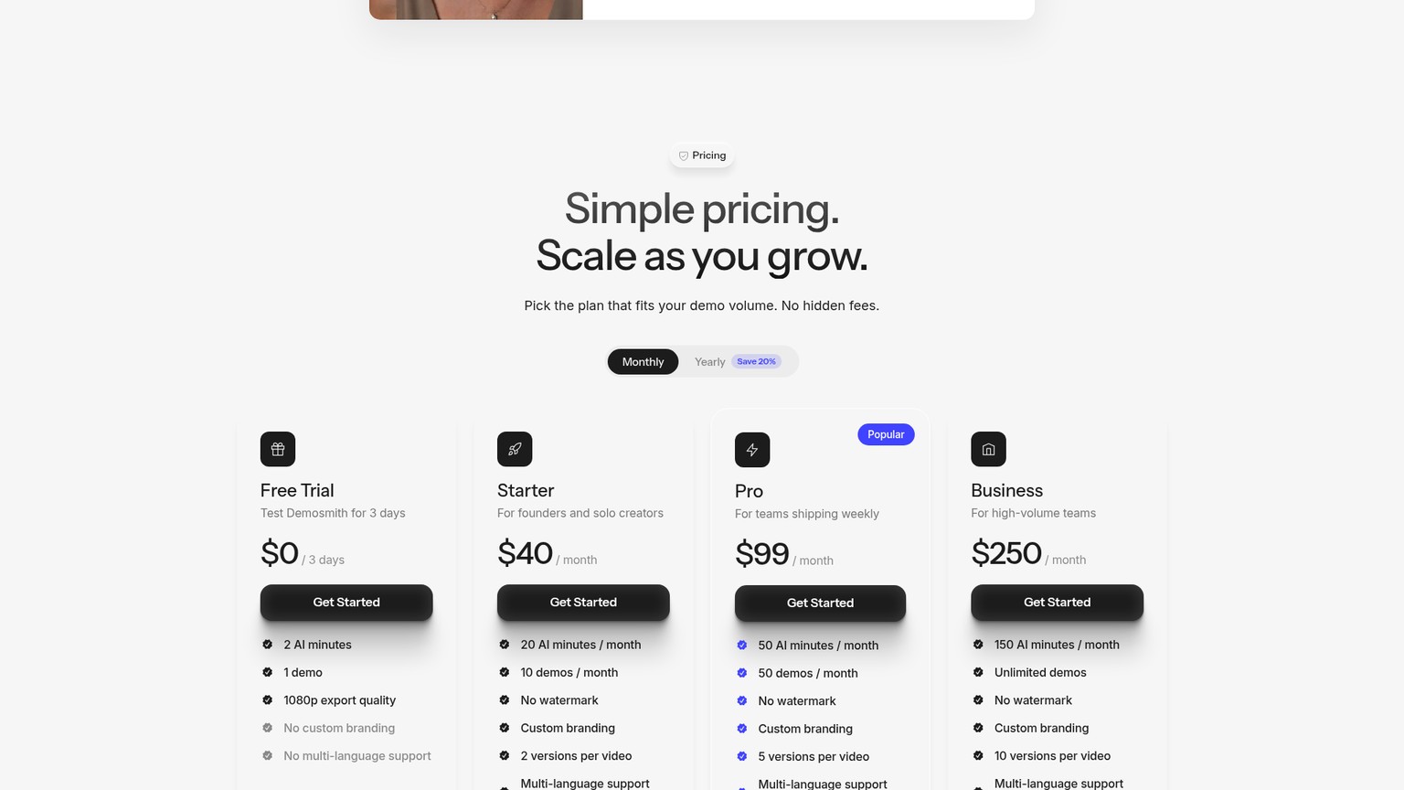 Demosmith pricing section showing the Starter, Pro, and Business allowances