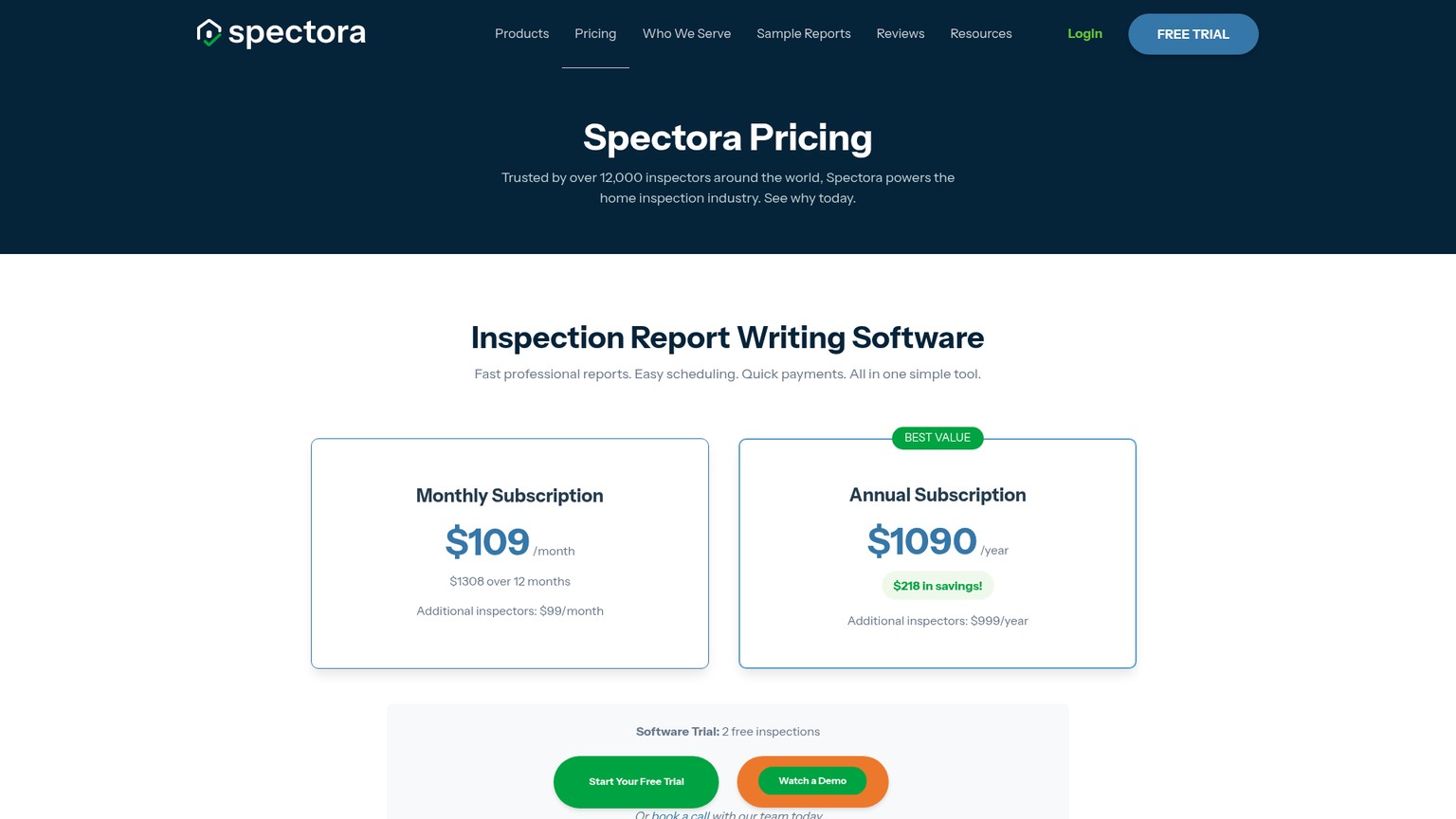 Spectora 官方定价页展示检查报告与经营工具价格