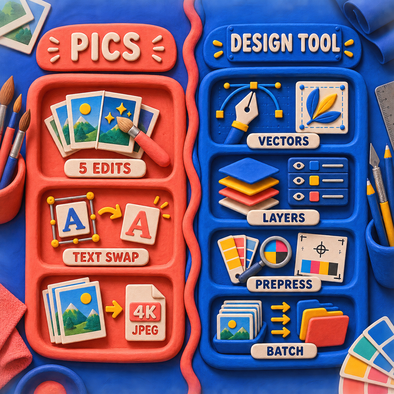 A sculpted split comparison between Google Pics tasks and dedicated design-tool tasks