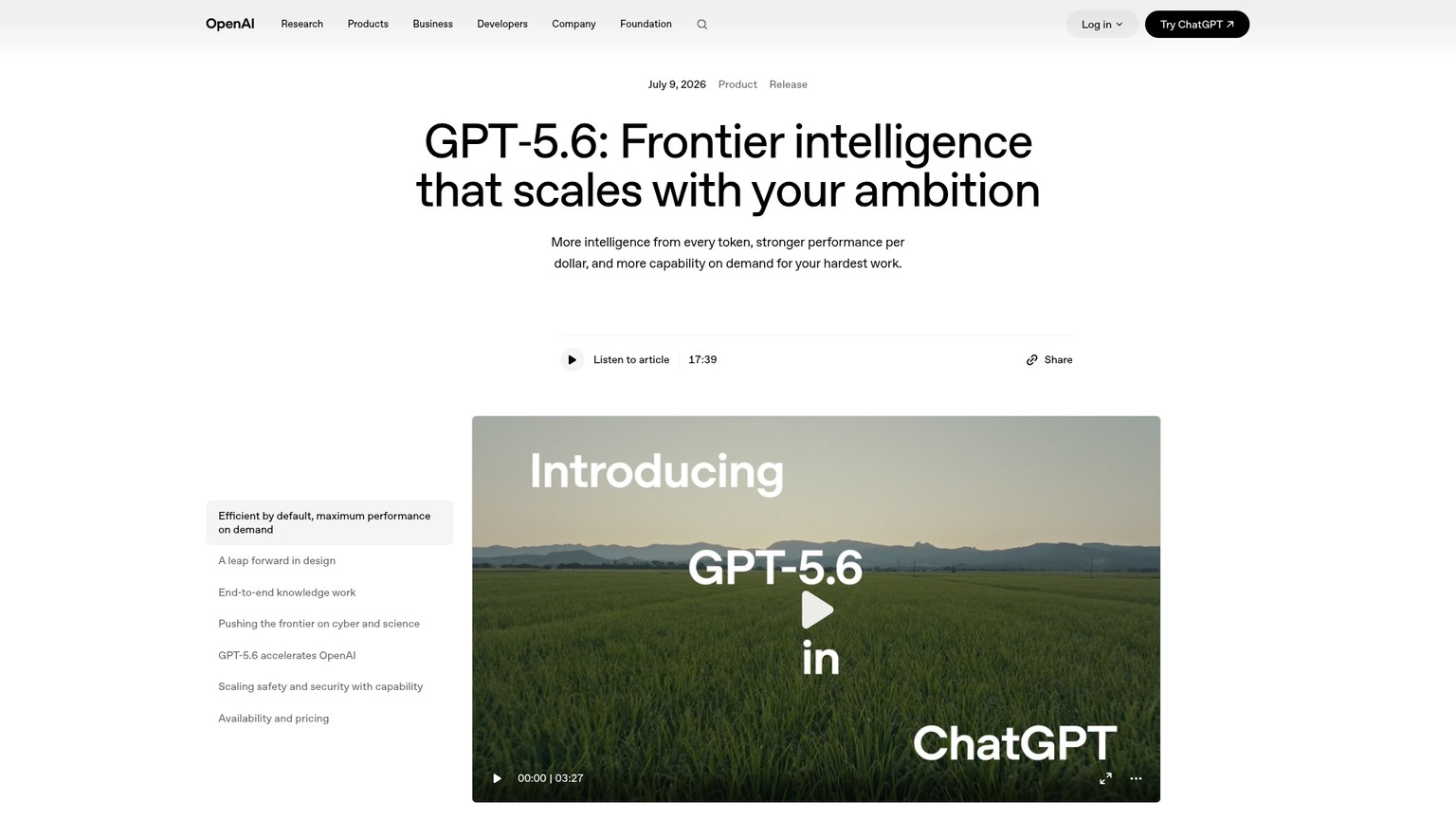 OpenAI GPT-5.6 launch page showing Sol, Terra, and Luna