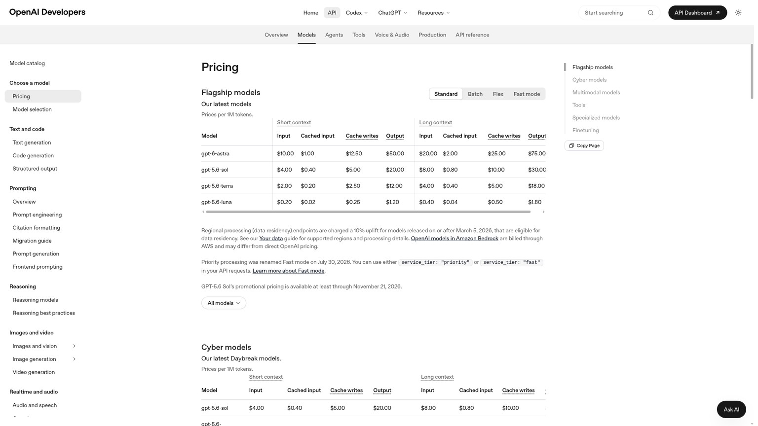 OpenAI API pricing page showing GPT Image 2.5 Sunburst and Flare token rates