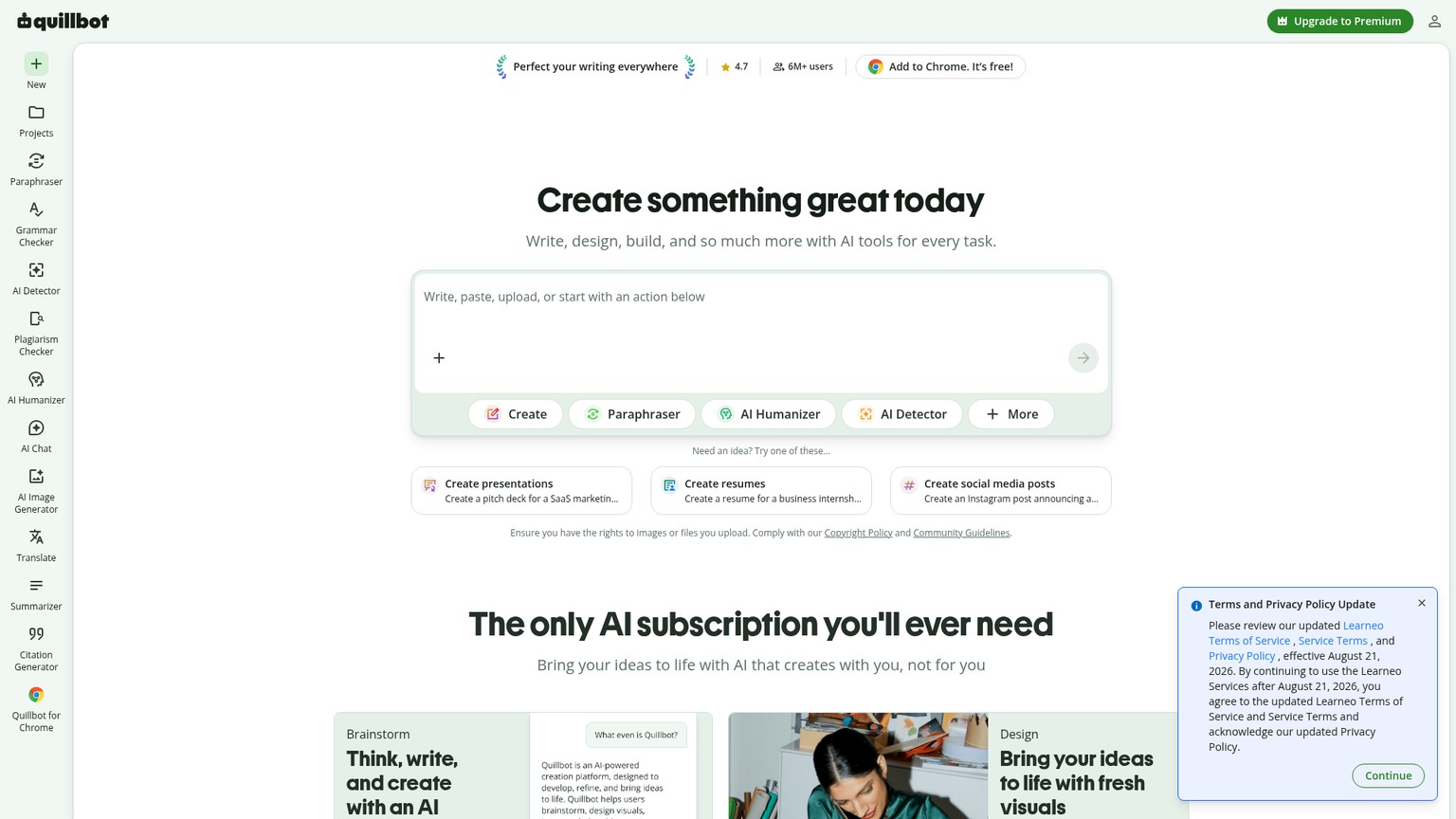 QuillBot writing and paraphrasing workspace