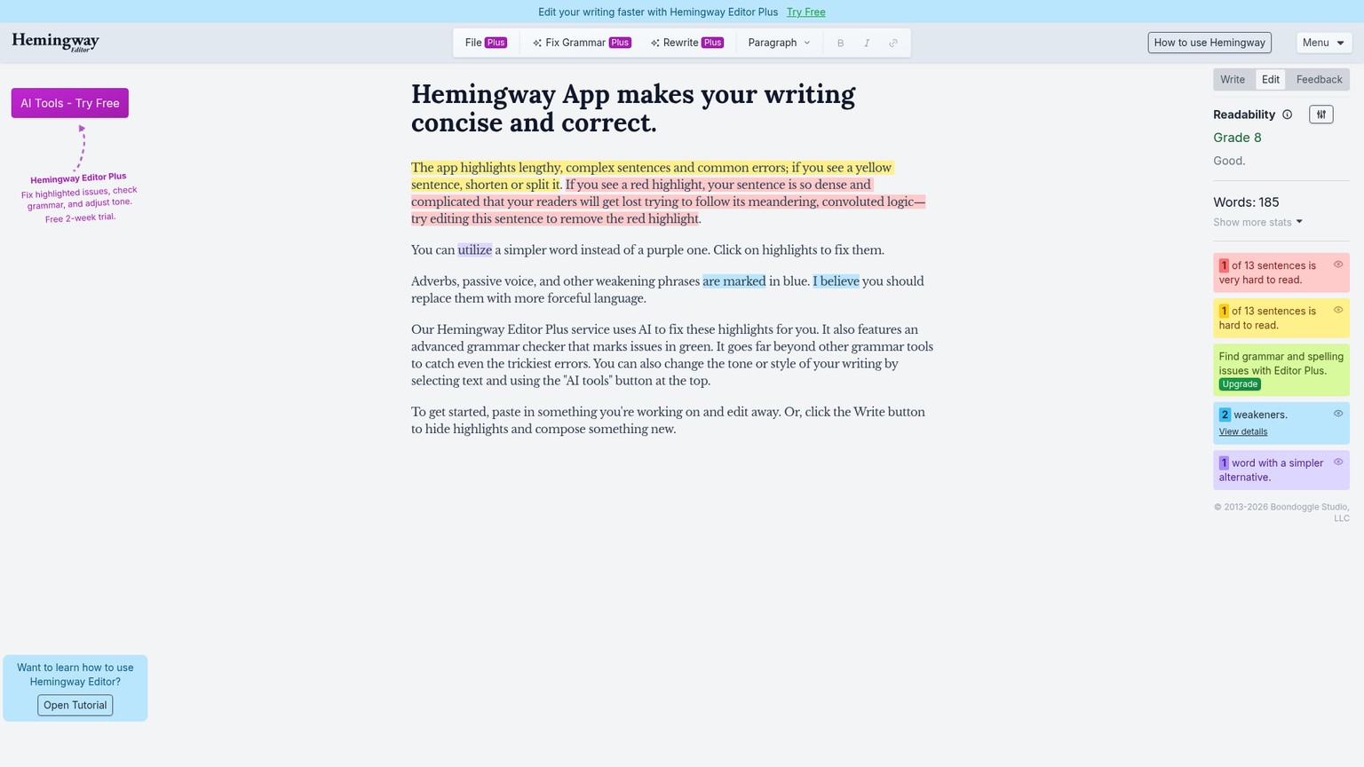 Hemingway Editor readability and clarity highlights