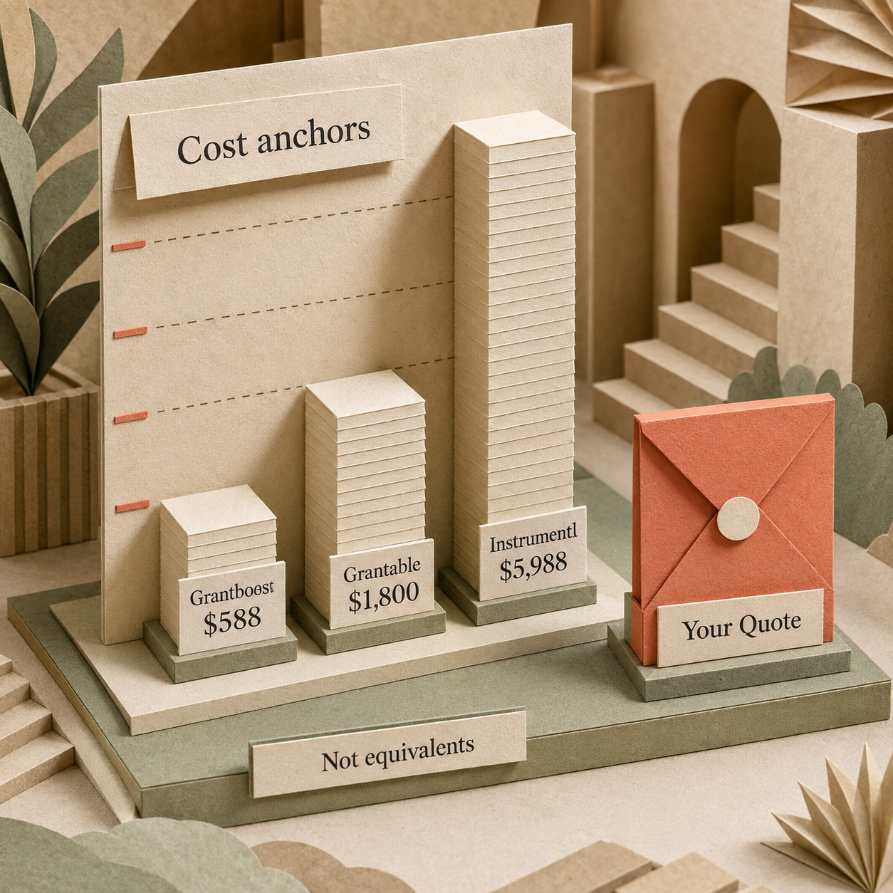 Annual cost anchors for Grantboost, Grantable, and Instrumentl beside an unpriced Grant Assistant quote