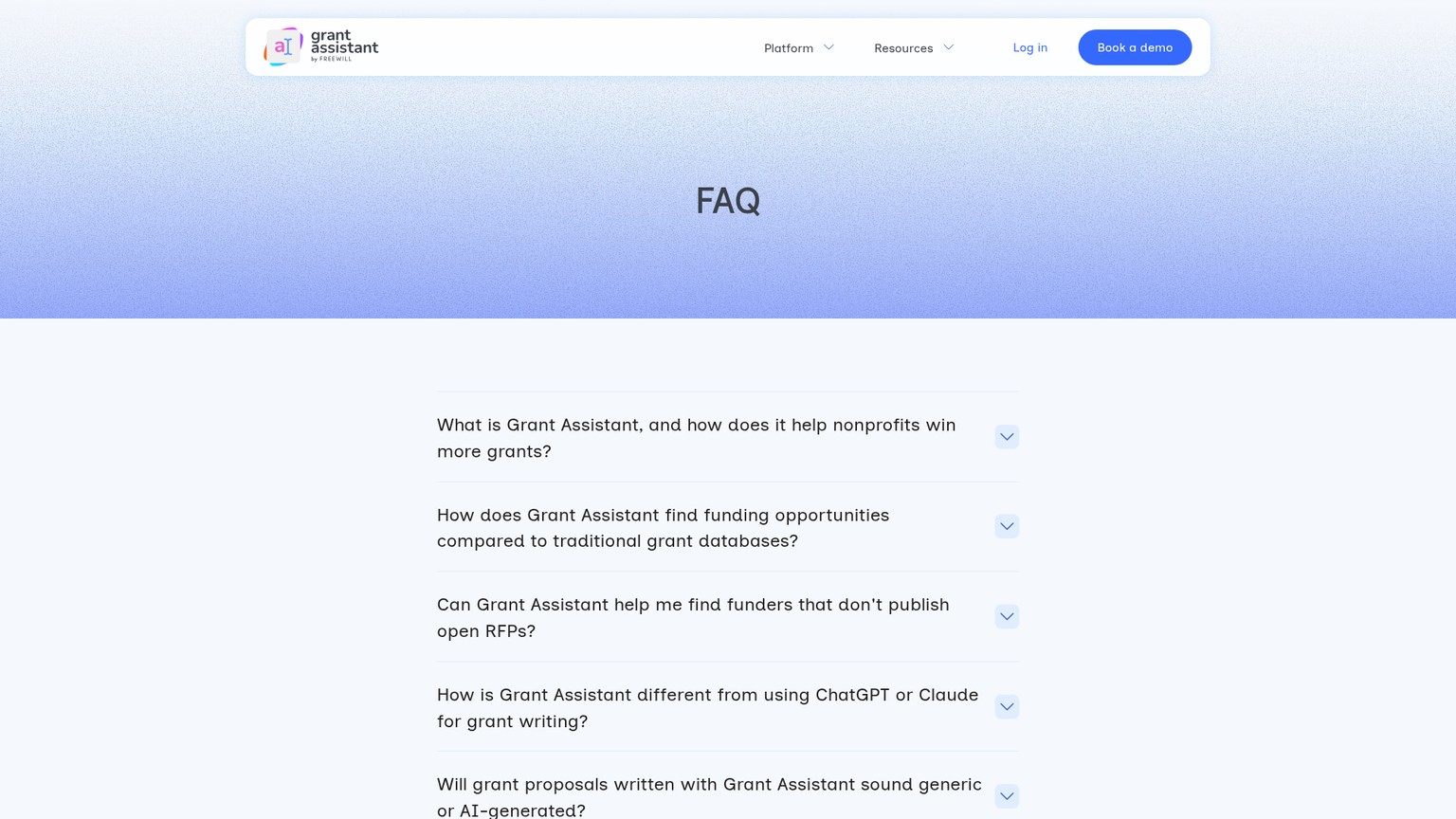 Grant Assistant FAQ page with its custom pricing answer