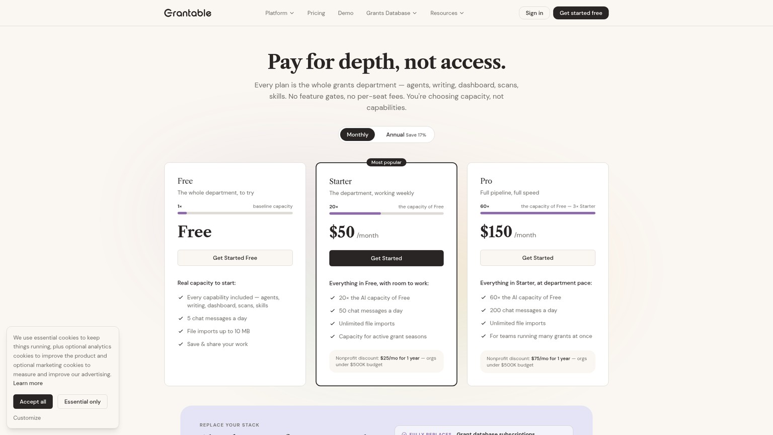 Grantable plan page with Free, Starter, and Pro plans