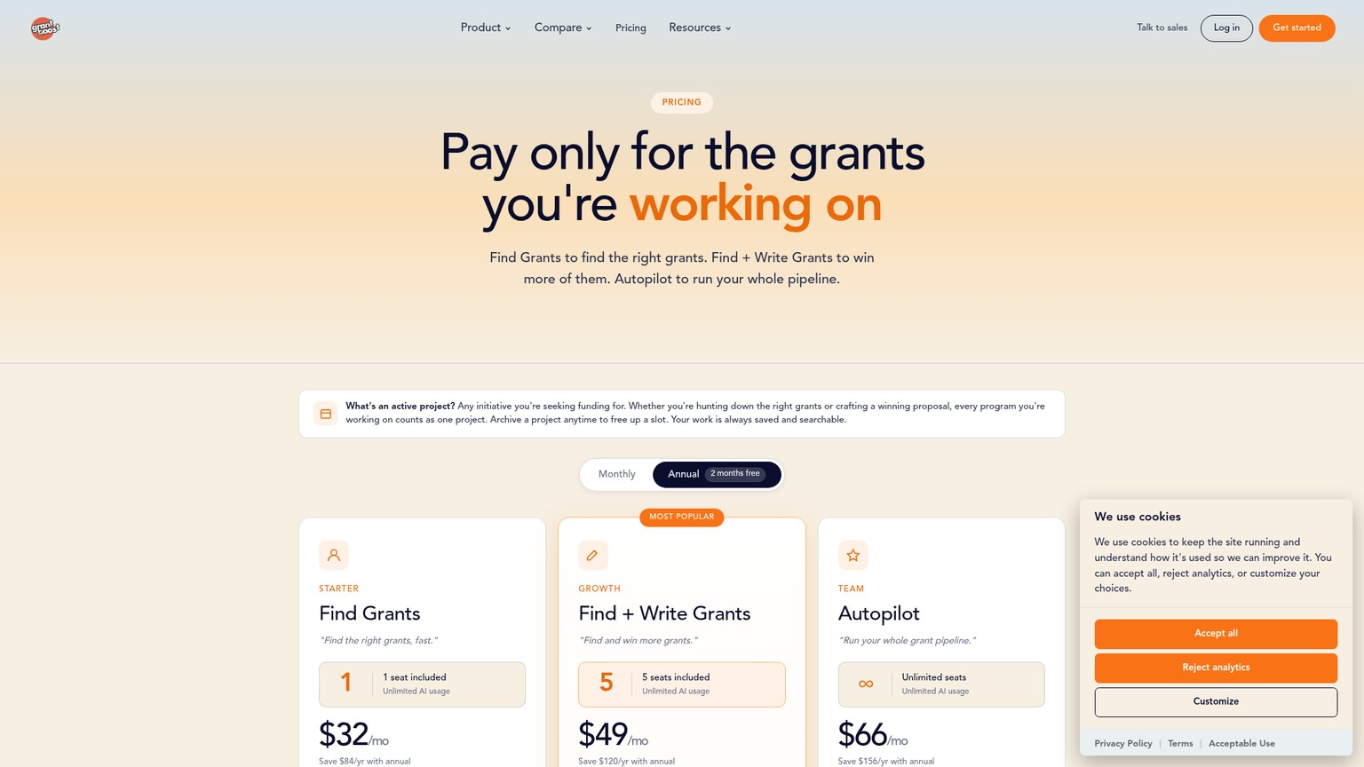 Grantboost pricing page with Find Grants, Find and Write Grants, and Autopilot
