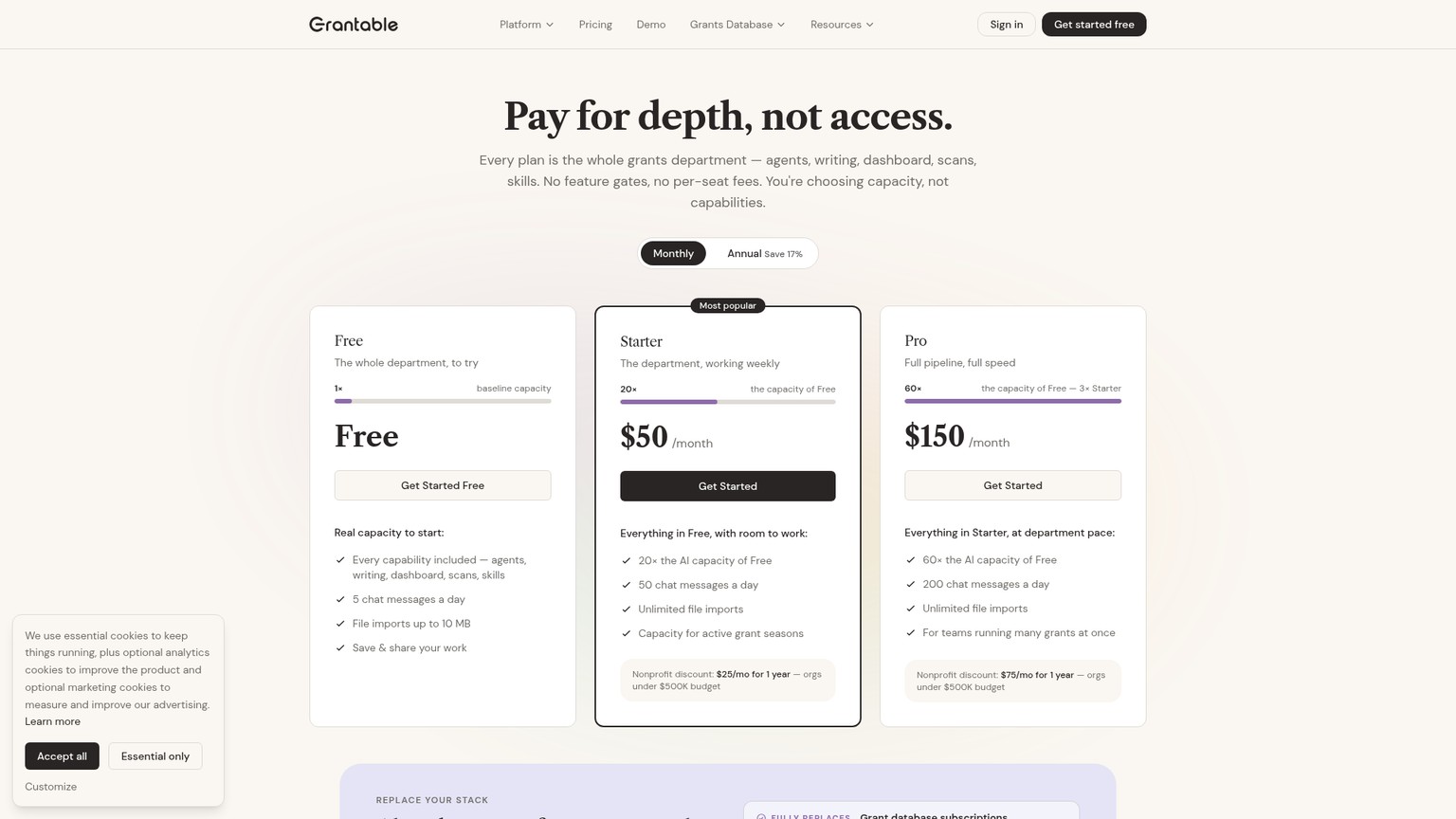 Grantable production pricing page showing Free, Starter, and Pro plans