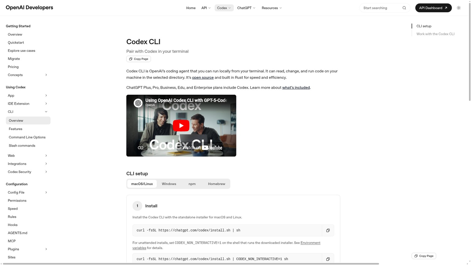 OpenAI Codex CLI documentation page