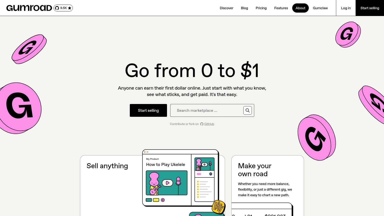 Gumroad homepage showing its creator commerce proposition