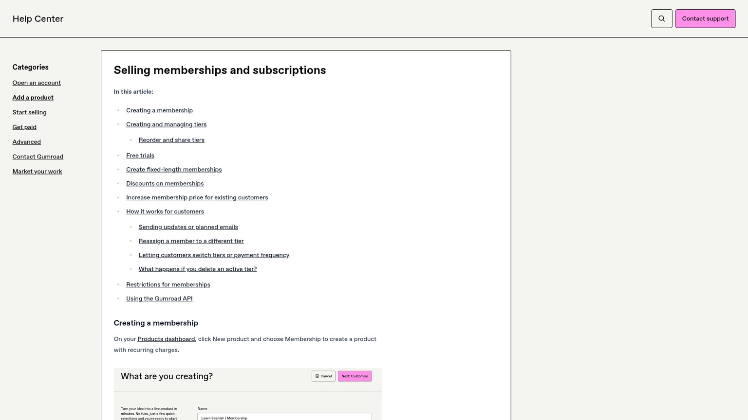 Gumroad Help Center membership tiers and subscription workflow