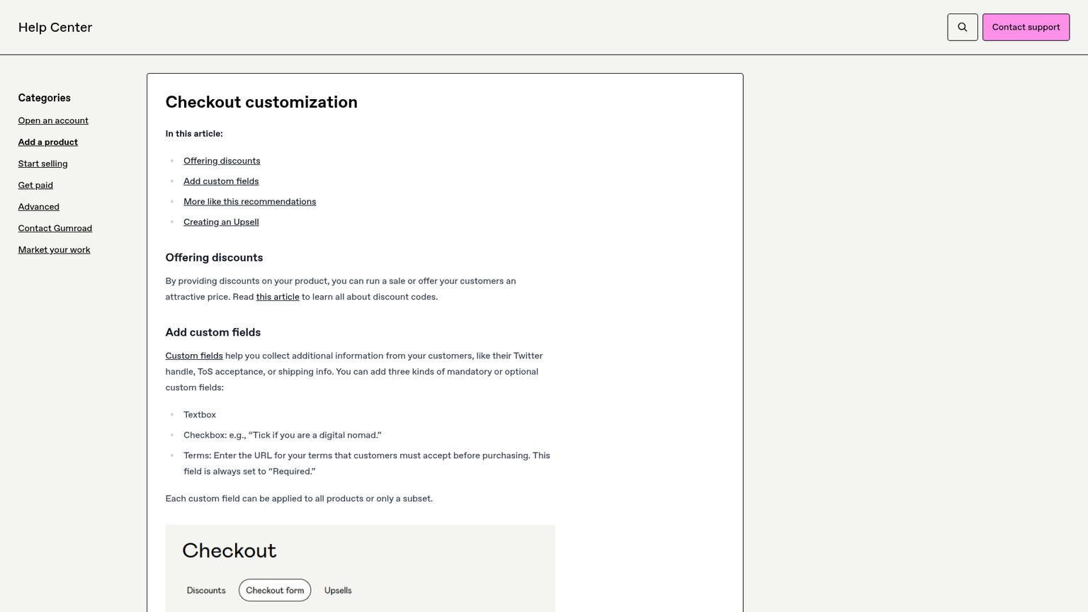 Gumroad Help Center checkout customization options