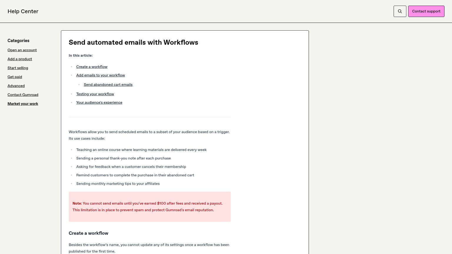 Gumroad Help Center automated email Workflows