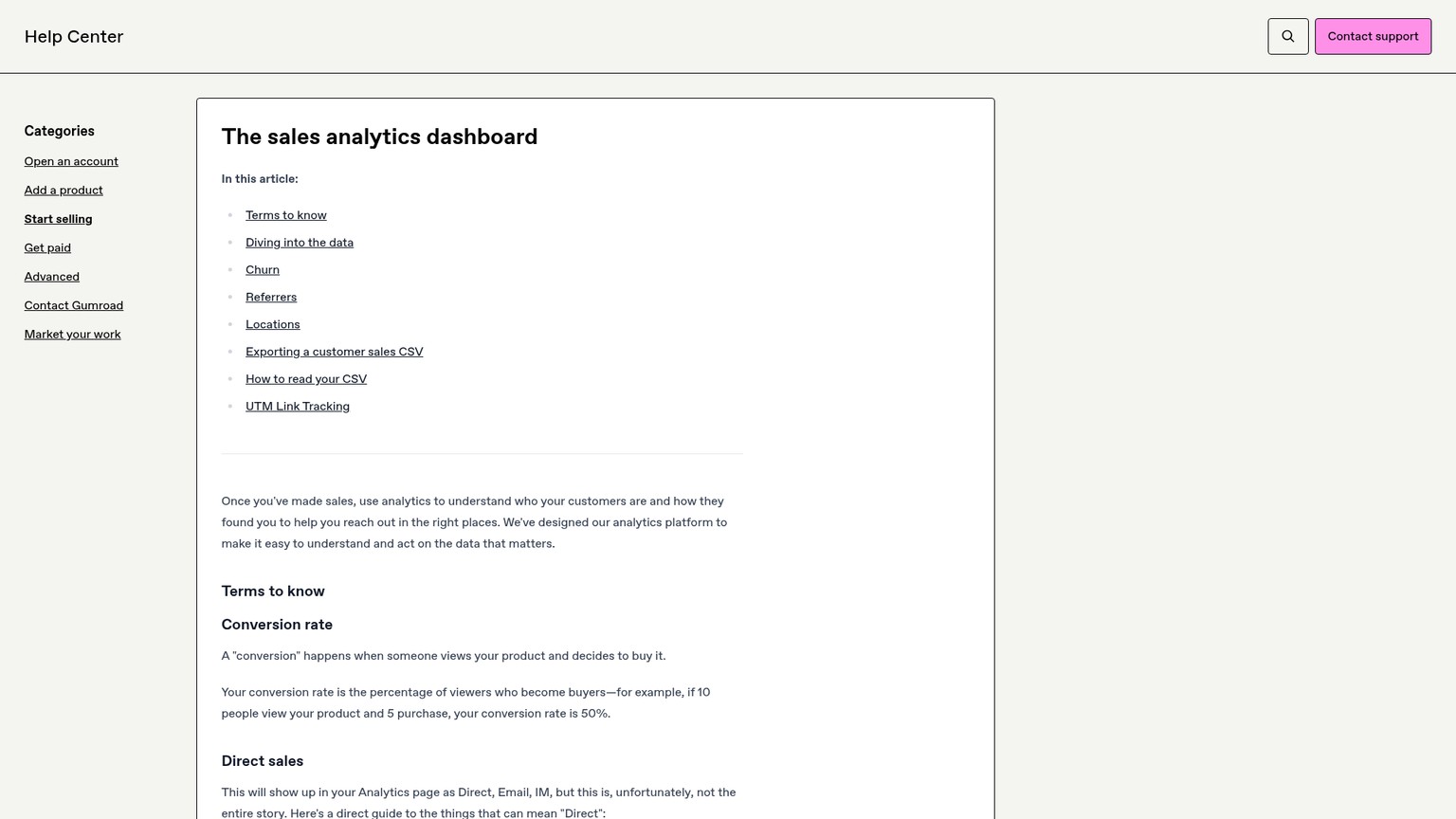 Gumroad Help Center sales analytics dashboard