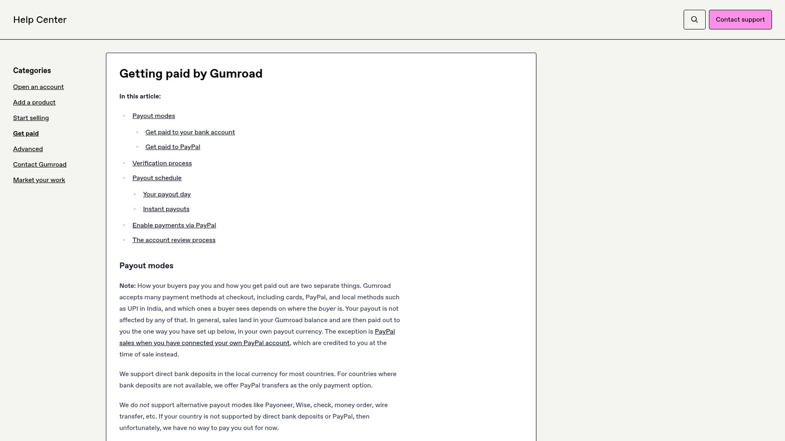 Gumroad Help Center payout schedule and account review rules