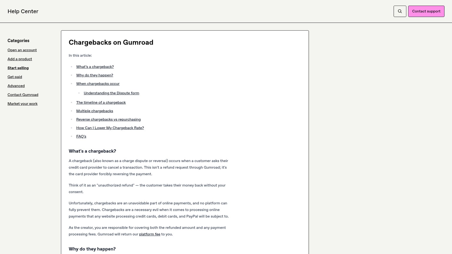 Gumroad Help Center chargeback thresholds and refund policy