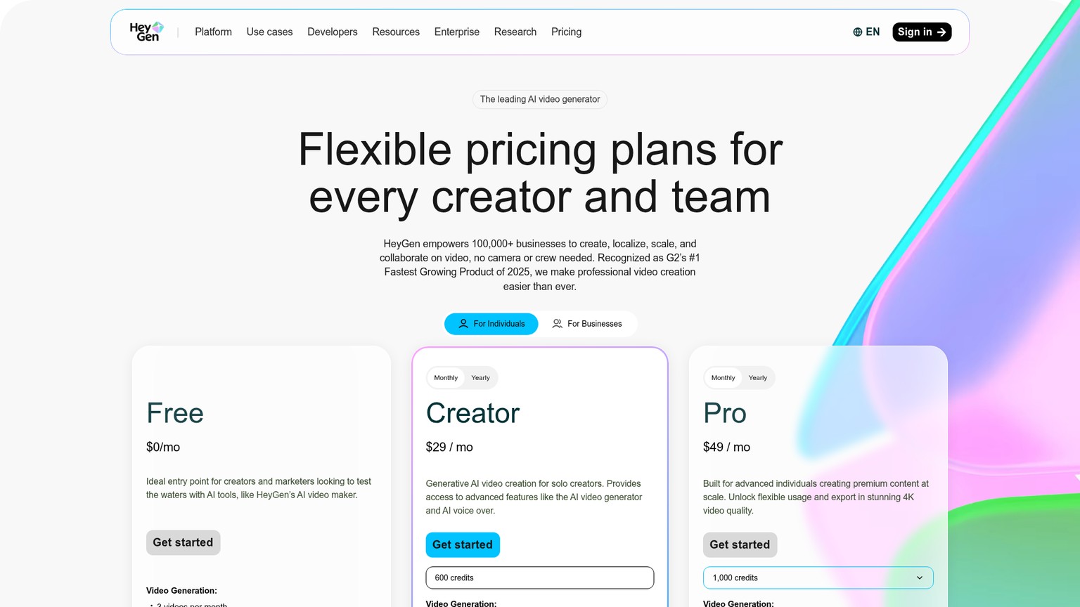 HeyGen pricing page with Free, Creator, Pro, Business, and Enterprise plans