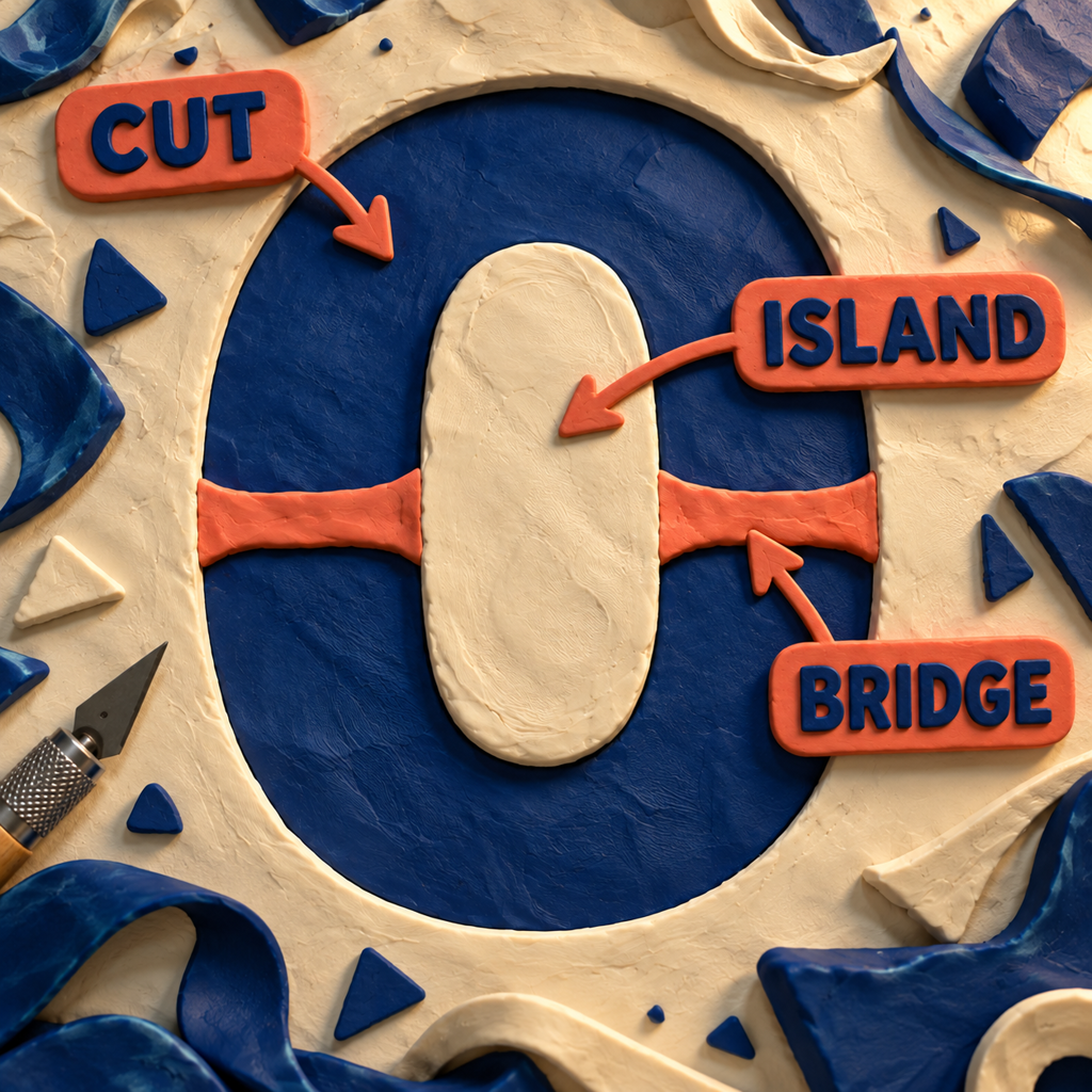 Plasticine diagram labeling the island, cut and bridge in a letter O stencil