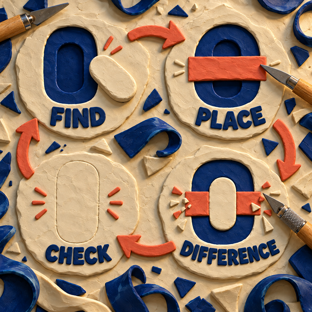 Four-stage plasticine workflow showing find, place, Difference and check