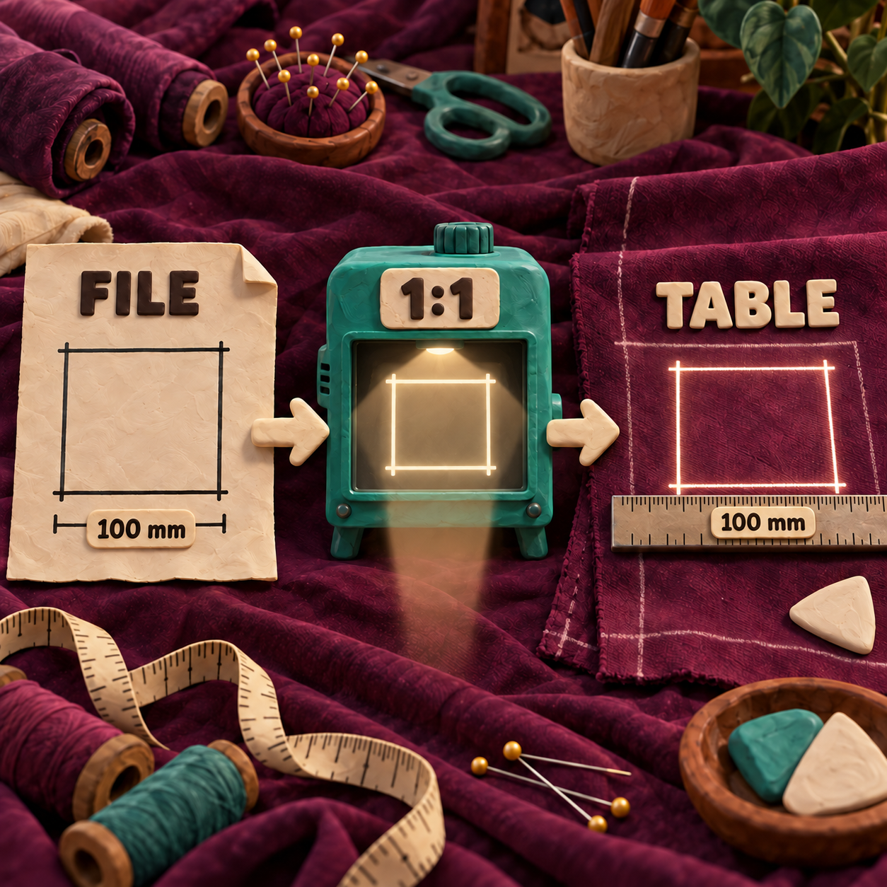 Plasticine infographic showing file scale flowing to corrected one-to-one zoom and then to a ruler check on fabric