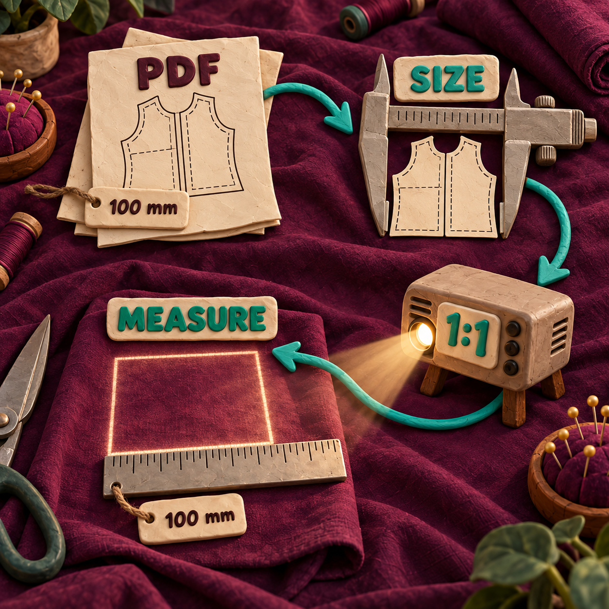 Plasticine four-stage pre-cut flow from PDF through dimensions and one-to-one zoom to a ruler check