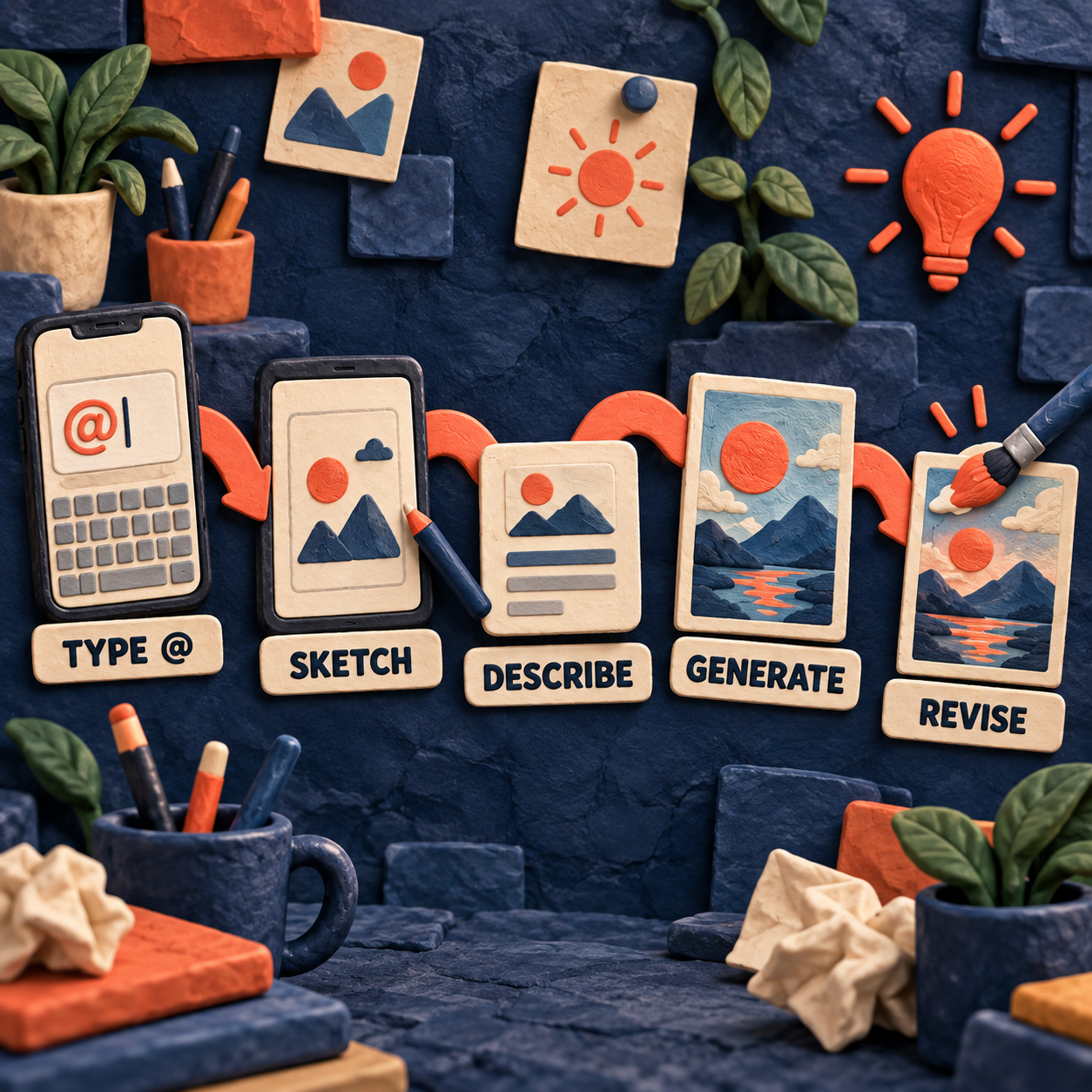 Sculpted five-stage flow showing Type at, Sketch, Describe, Generate, and Revise